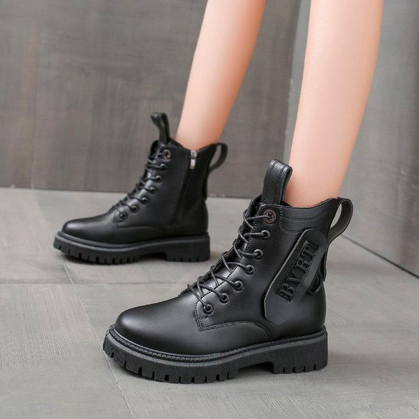 

boots 2021 women winter ankle pu leather fashion side zipper platform thick bottom females motorcycle casual shoes, Black