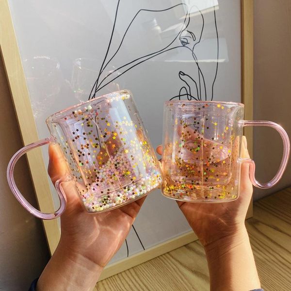 

wine glasses korean style pink girl heart glass double layer bubble cup heat insulation drink juice big handrip 280ml