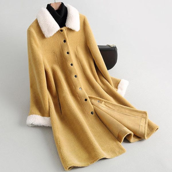 

women's fur & faux women genuine shearling wool coat/jacket winter real composite lamb coat with suede leather liner a111, Black