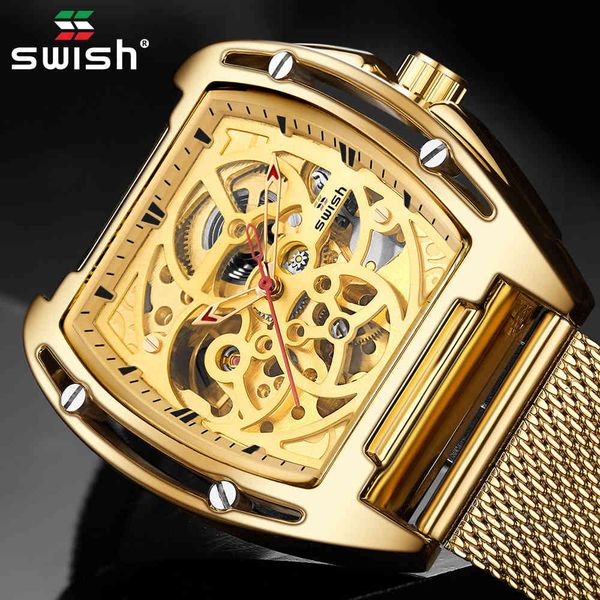 

s horloge mode sport heren horloges luxe gouden vierkante met holle designer rvs militaire klokken, Slivery;brown
