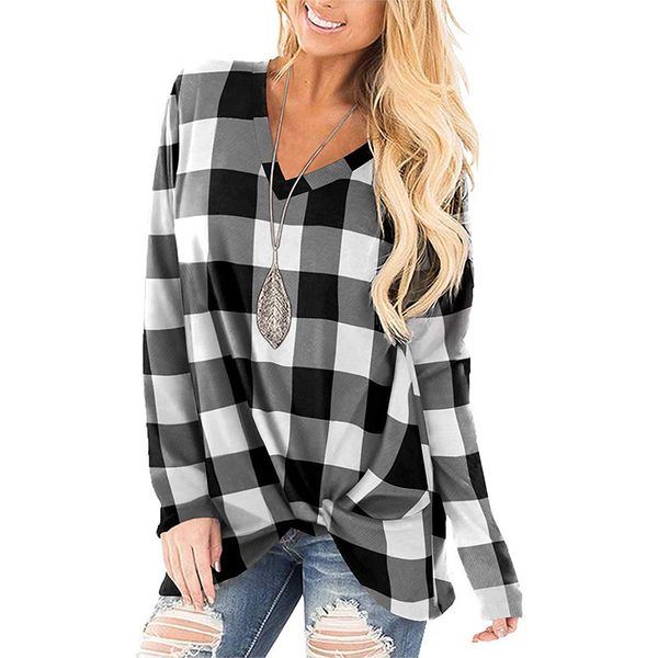 

spring plaid striped for women full sleeves casual loose v-neck t shirts ladies pullover fashion streetwear camisa femenina 210414, White