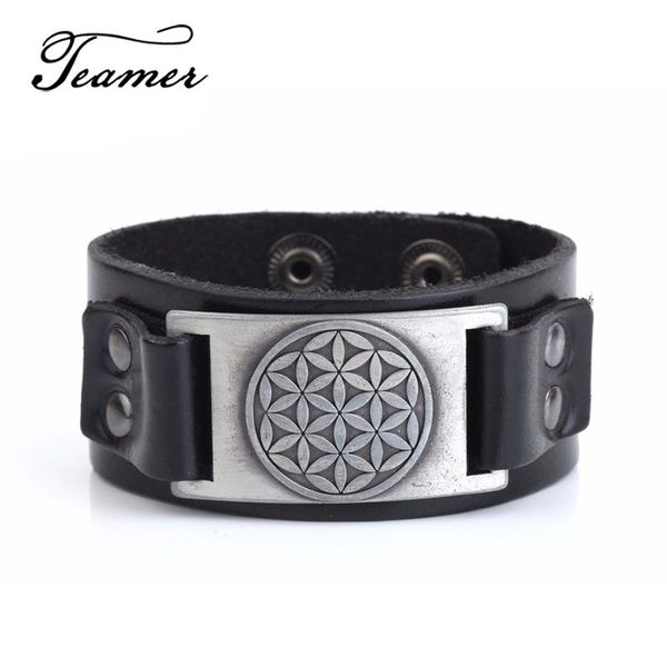 

charm bracelets teamer adjustable bracelet flower of life egyptian genuine leather jewelry amulet supernatural for man, Golden;silver