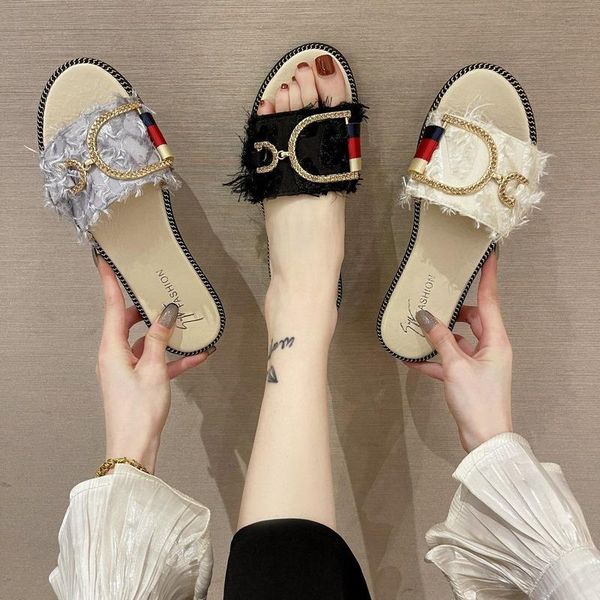 

slippers summer sandals and female ladies flat-bottomed fur outer wear fashion korean flip-flop women, Black