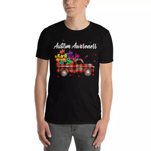 

autism awareness love accept understand cute red plaid truck t-shirt, White;black