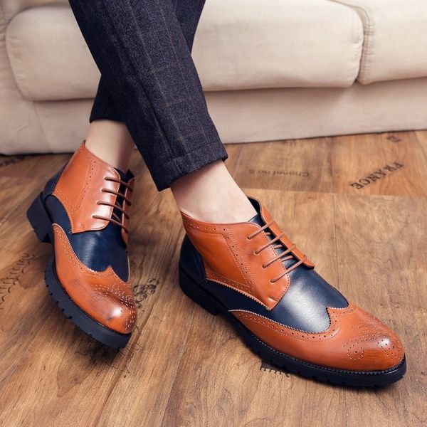 

men shoes outdoors spring autumn lace up simplicity mixed colors round toe pu leather comfortable chaussures pour hommes oxfords derby dh477, Black