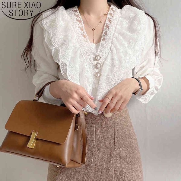 

vintage women sweet lace korean v-neck ruffles blouse spring long sleeve loose clothes blouses blusas 13657 210417, White