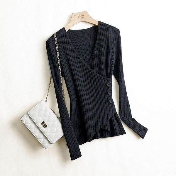 

women's sweaters elastic sweater 2021 autumn winter knitted ribbed pullovers full sleeve v-neck slim jumper solid shirt casual warm, White;black