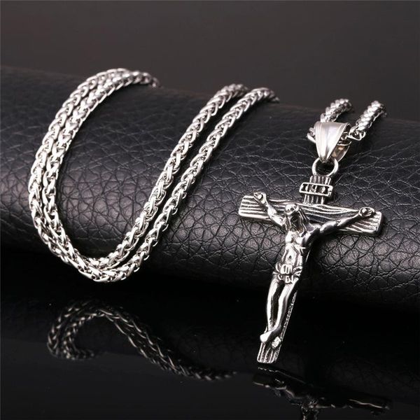 

men vintage cross necklace pendant jesus christ crucifix necklaces religious crystal rhinestone titanium chain jewelry chains, Silver