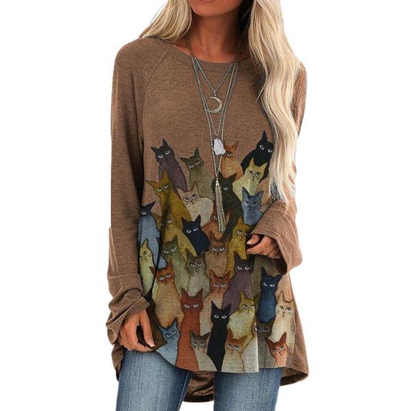 

ladies fashion spring and autumn women's long loose casual round neck cat print sleeve t-shirt, White