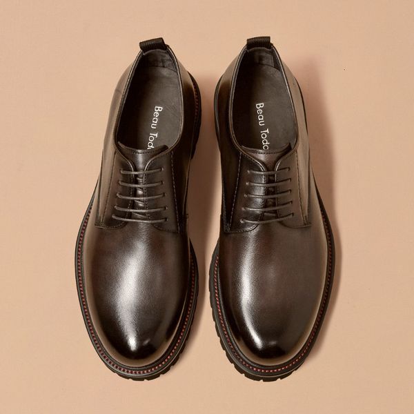 

dress shoes men derby calf leather waxing round toe lace-up platform gentleman business shoes handmade 55503, Black