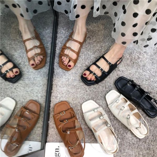 

sandals 2021 brand summer personality fashion roman buckle open toe flat solid color high-end women's all-match sexy, Black