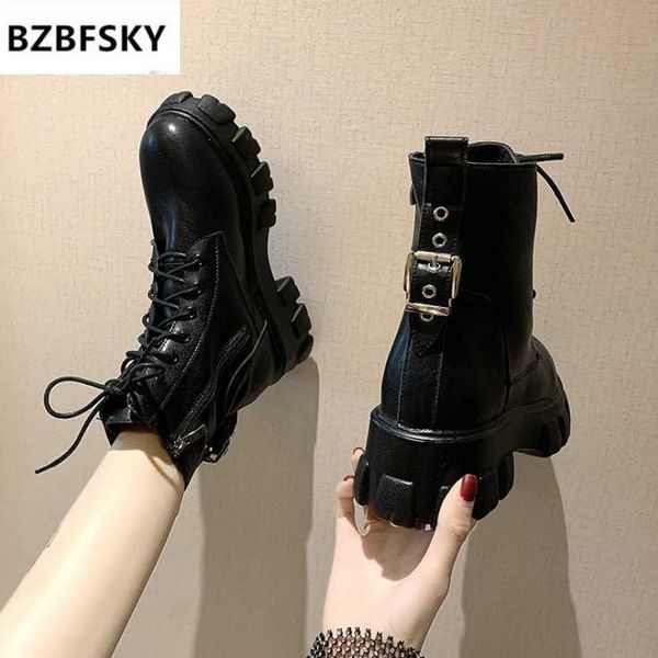 

boots 2021 autumn chunky sneakers women platform fashion thick high heel ankle side zipper lace up combat black white