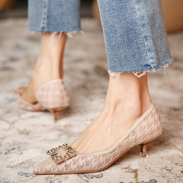 

sandals 339-20 thousand bird lattice pattern mesh high heels women's pointed thin heel square buckle side empty single shoes wedding m9, Black