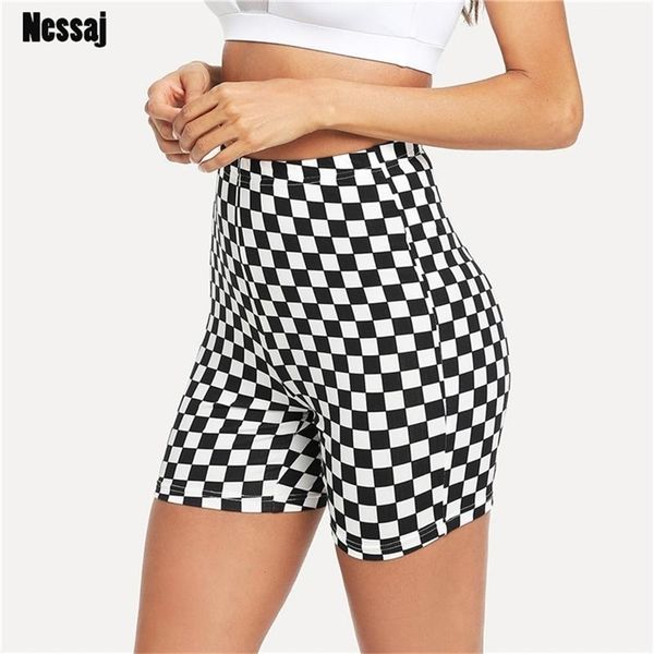 

nessaj plus size high waist punk shorts black white checkerboard push up skinny women beach slim summer short pants 210722, White;black
