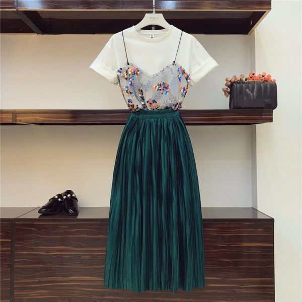 

two piece dress summer women sets sequined patchwork mesh t-shirt & empire solid velvet pleated skirt high street fashion 9qch, White