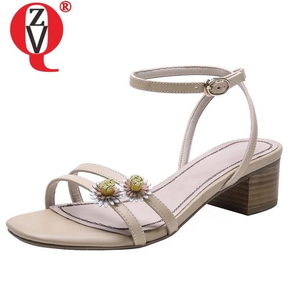 

shoes woman 2021 summer fashion med square heels genuine leather sandals outside buckle flowers ladies, Black