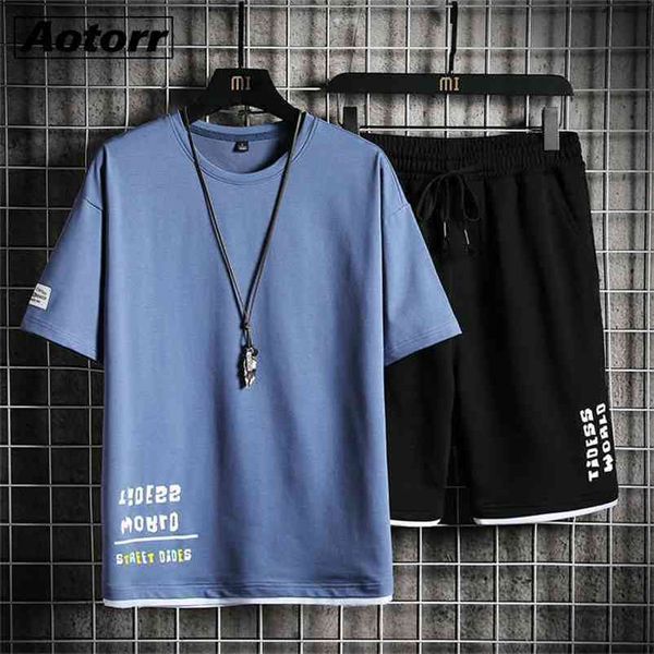 

men's tracksuit summer casual 2 pcs t shirt+ shorts sets cotton training suit loose sportswear male sportsuit oversize 210806, Gray