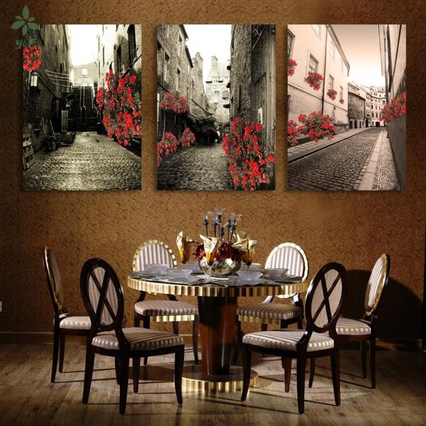 

paintings 3 pcs/set canvas vintage painting building red rose flower picture can for home wall decoration