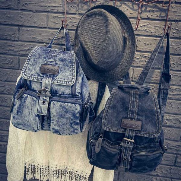 Kadın Moda Yıkanmış Retro Öğrenci Okul Çantası Denim Sırt Çantası 211026