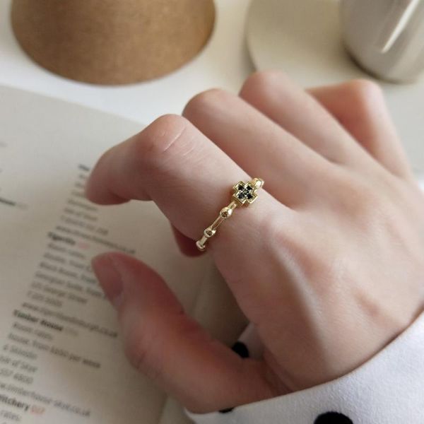 

cluster rings 1pc authentic s925 sterling silver fine jewelry black zirconia open thin ring adjust gift women's j361, Golden;silver