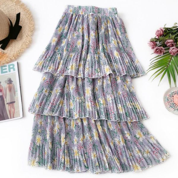 

skirts women floral cake chiffon ladies sweet skirt flower printed pleated elegant vacation beach spring summer, Black