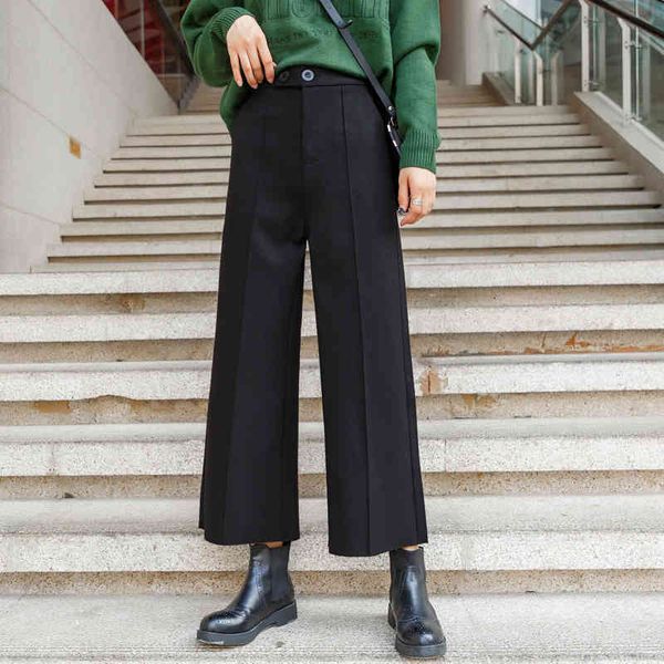 

women's pants & capris loose straight woman korean style winter woolen ladies trousers high waist wide leg women brown or black be, Black;white