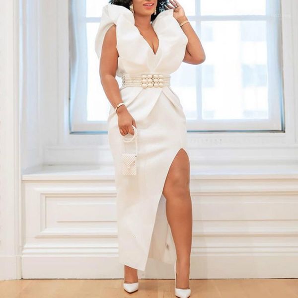 

casual dresses women white deep v neck party high waist slit bodycon ruffles backless event occassion celebrate evening night robe1 jq2k, Black;gray