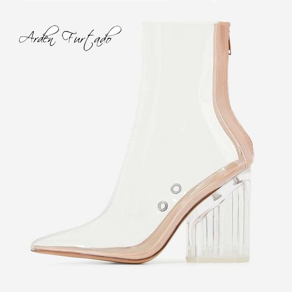 

arden furtado 2021 summer chunky heels pointed toe clear pvc ankle boots ladies back zipper women's shoes crystal big size sandals, Black