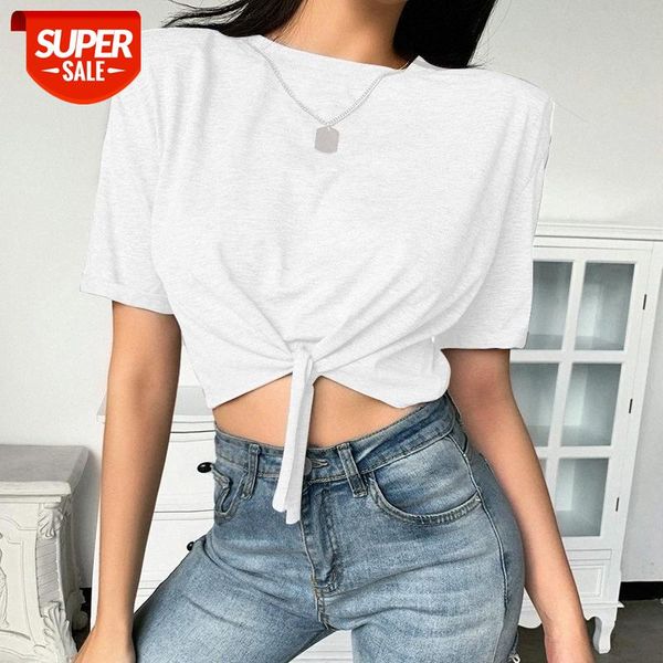 

[in stock]20171p shoulder pad short-sleeved loose and temperament t-shirt for women fashion ladies with a knotted white #vl4t