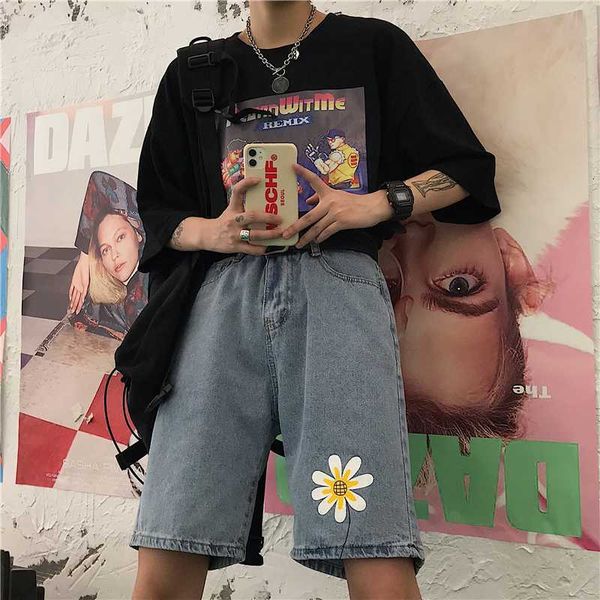 

cute chrysanthemum print women harajuku floral denim shorts loose college style man, Blue