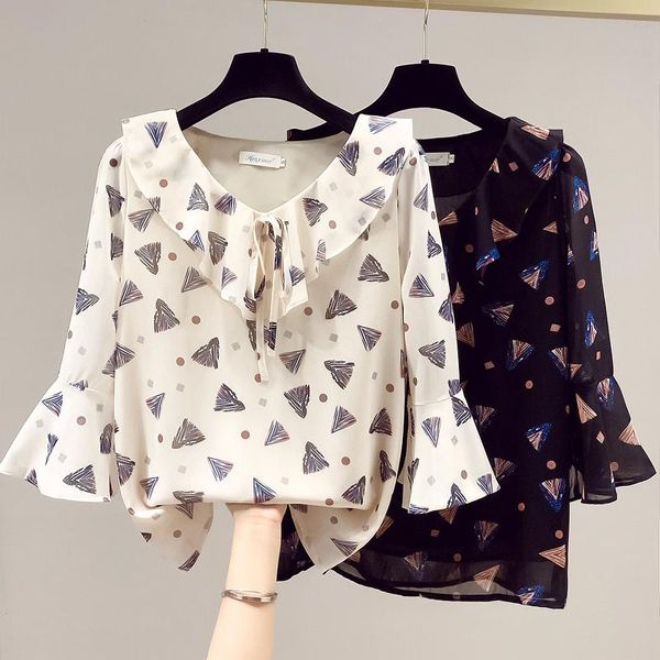 

women's blouses & shirts vintage clothes womens summer ruffles shirt women v-neck three quarter sleeve blusas elegantes female print, White