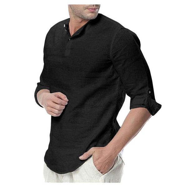 

men's casual shirts autumn linen shirt round neck long sleeve solid color slim for man 2021 camisa masculina, White;black