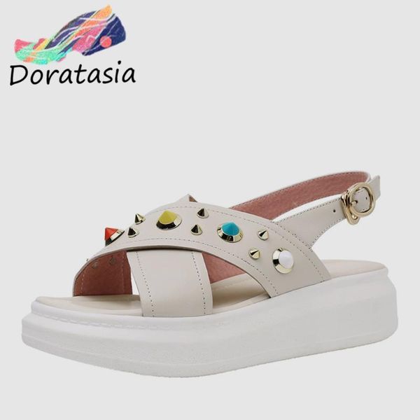 

dress shoes doratasia fashion ins women's genuine leather rivet buckle ladies women woman casual summer sandals, Black