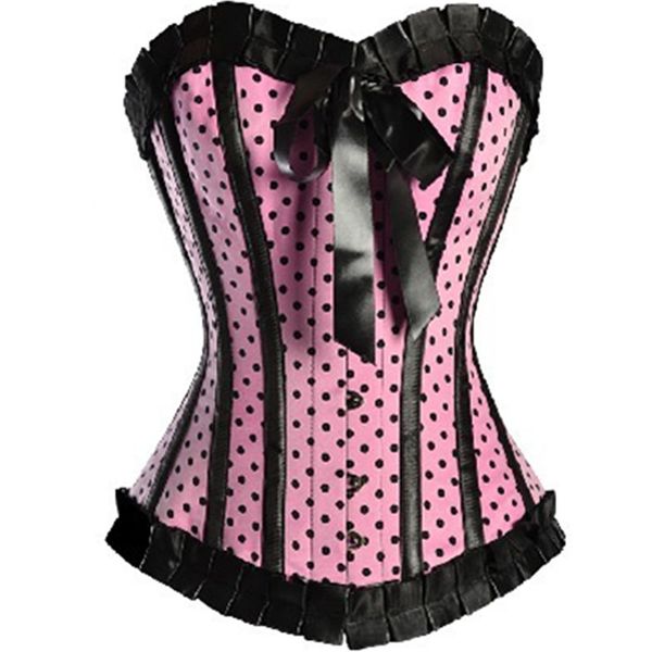 

Woman Bustiers Pink Satin Polka Dot Burlesque Corset Sexy Front Buckle Overbust Lace Up Boned Corselet Women Slimming Waist Vintage Bustier, Black;white
