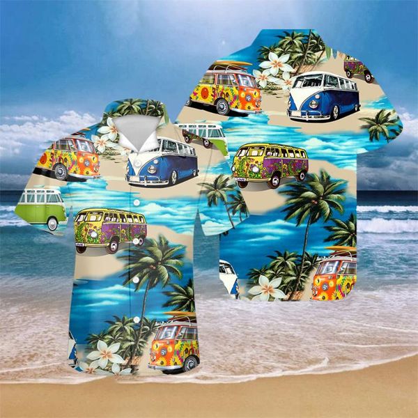 

men's casual shirts hawaiian bus print aloha beach shirt summer short sleeve cuban blouse turn-down button clothing camisa masculina, White;black