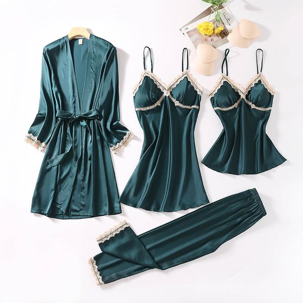 

spring women satin soft nightwear lace trim silk robe sling nightdress pants pajamas sleepwear homewear with chest pads, Black;red