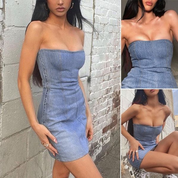 

women's denim stitching tube dress summer mid-waist short skirt blue x0521, Black;gray