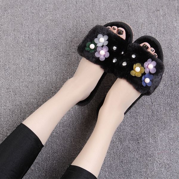 

women flower house slippers women winter women indoor slippers woman slip on flats shoes fur slippers zapatos de mujer, Black