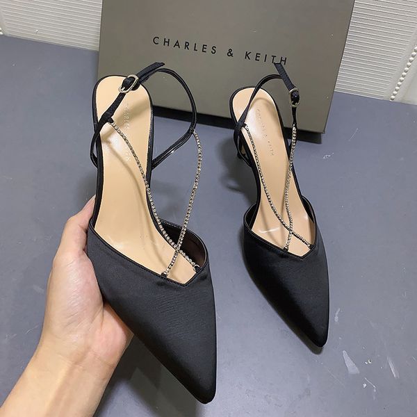 

dress shoes spring summer cross chain women pointed toe high heel slingbacks back strap sandals for bu1p, Black