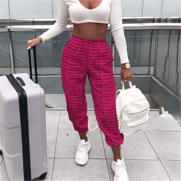 

women's & capris casual trousers designer female mid waist loose sports women letter strap tightening pants fashion occident elastic, Black;white