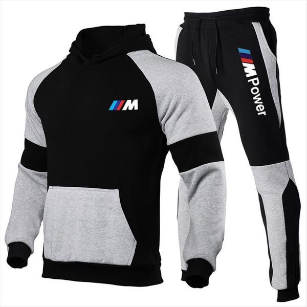 

2 pieces of bmw sportswear mens tracksuit wwith hood standard pants hooded sweatshirt casual wear s 3xl, Gray