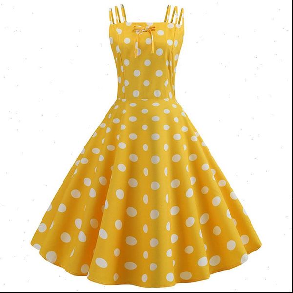 

womens dresses yellow polka dot print summer dress women rockabilly vintage robe femme elegant party plus size casual midi vestidos, Black;gray