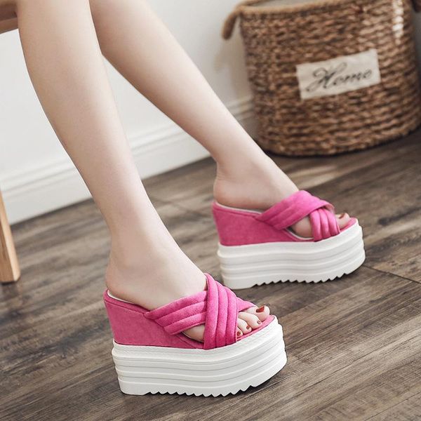 

trifle thick bottom wedges sandals 13 cm super high heel suede waterproof platform fashion wear cross slippers wome bn0n, Black