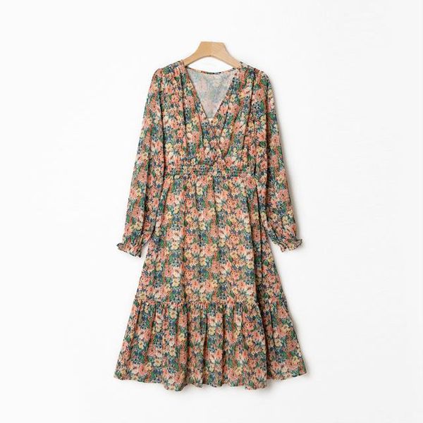 

casual dresses two-piece set women cross v-neck floral midi dress elastic waist long lantern sleeve oil painting ladies robe 2021, Black;gray
