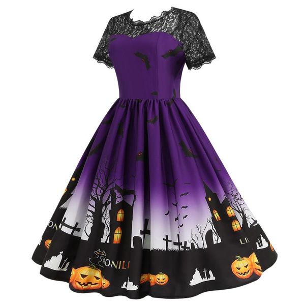 

casual dresses [halloween women] a-line dress dark hepburn style vintage lace round neck short sleeve printed large swing, Black;gray
