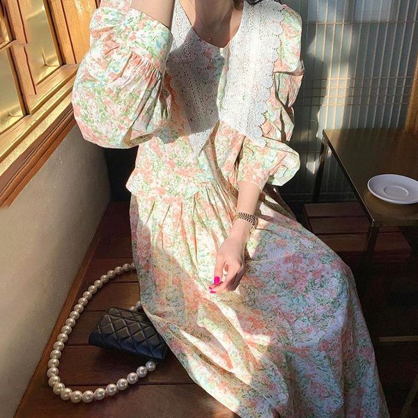 

casual dresses sannian women dress round collar collision lace crocheted splicing pressure pleated bubble sleeve floral ladies clothes, Black;gray