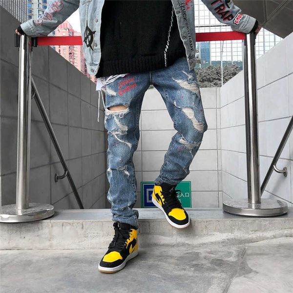 

men's jeans jeans men smile graffiti printed ripped skinny streetwear hip hop distressed knee holes male cotton joggers denim trousers, Blue