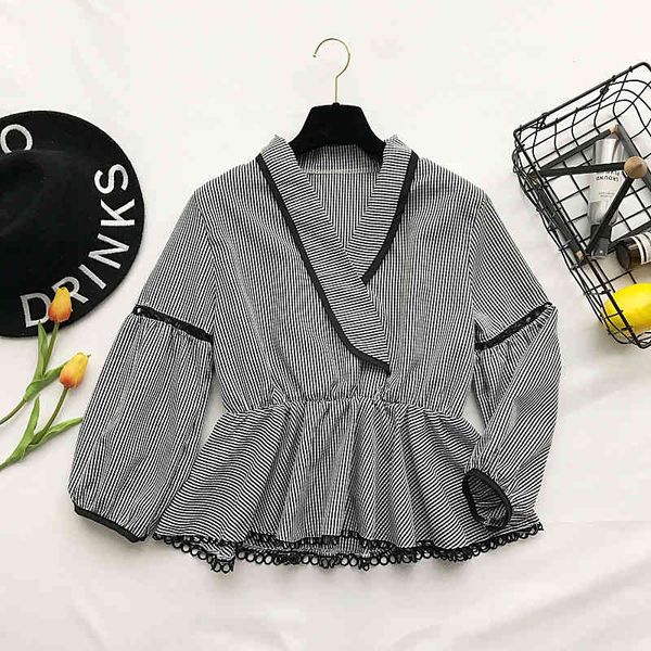 

women's blouses & shirts spring ladies preppy cute lace stitching v-neck loose long lantern sleeves cinch doll shirt female casual, White