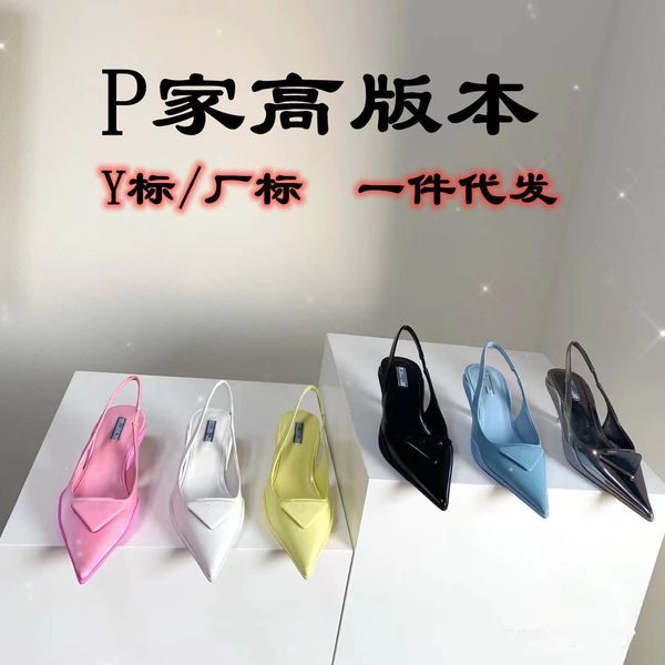 

sandals slippers p family high version 2021 spring and summer new cat heel pointed fashion low sandals half drag leather women's shoes, Black