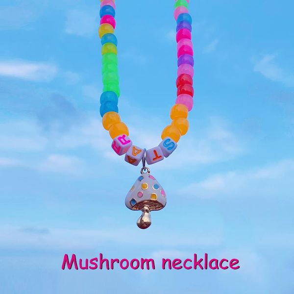 

pendant necklaces 90s aesthetic rainbow bead letter mushroom necklace for women y2k jewelry vintage cute charms 00s style friends gifts, Silver